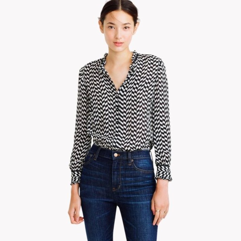 J.CREW | SILK RUFFLE TRIM GEOMETRIC LONG SLEEVE BLOUSE
